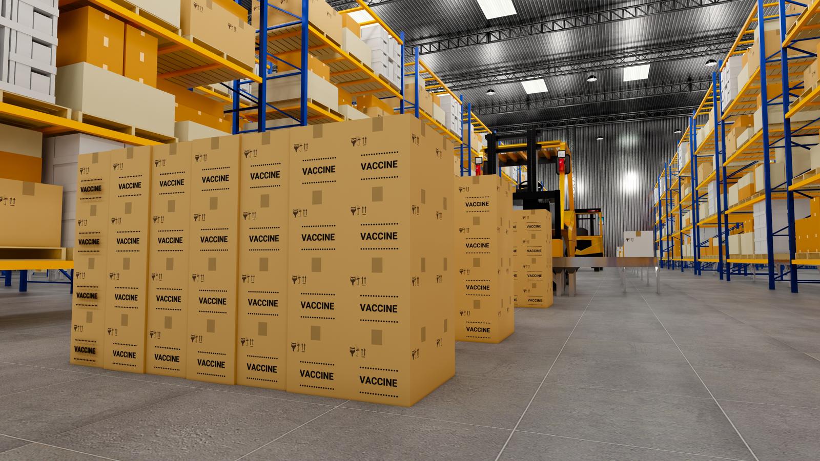 Wearhouse with a stack of vaccine boxs